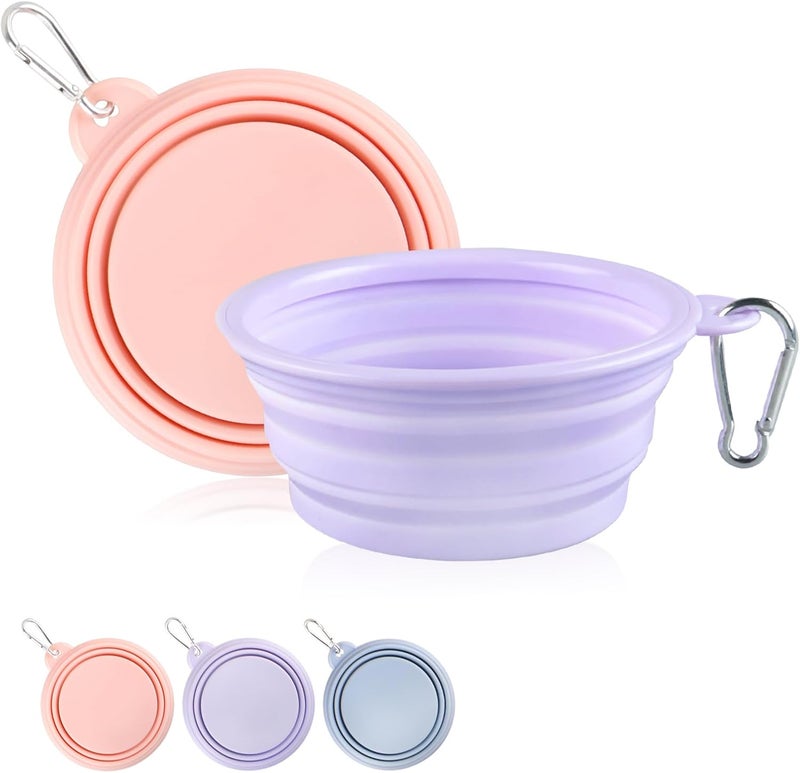 TECOPH Collapsible Dog Bowls 2-Pack, Portable Travel Dog Bowl with Carabiner, Food-Grade Silicone Pet Bowl for Hiking, Walking (22 OZ Macaron Pink and Violet) - Image 1